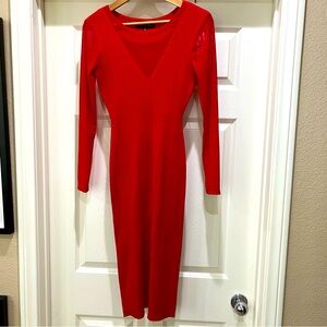 ALMOST FAMOUS Body Contour Red Ribbed Dress w/ mesh neck and long sleeves Size L